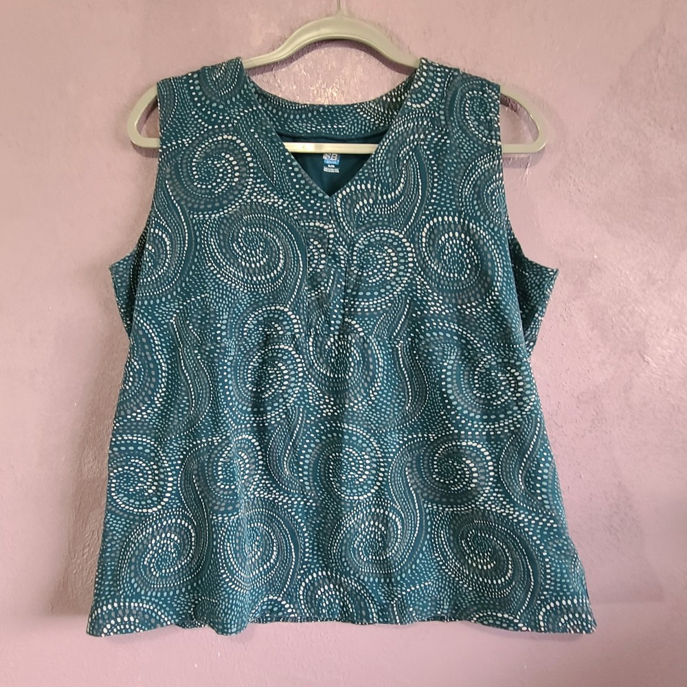 SJB Active Tank Top Women XL Teal Swirl Dot Sleeveless V-Neck Stretch Cotton